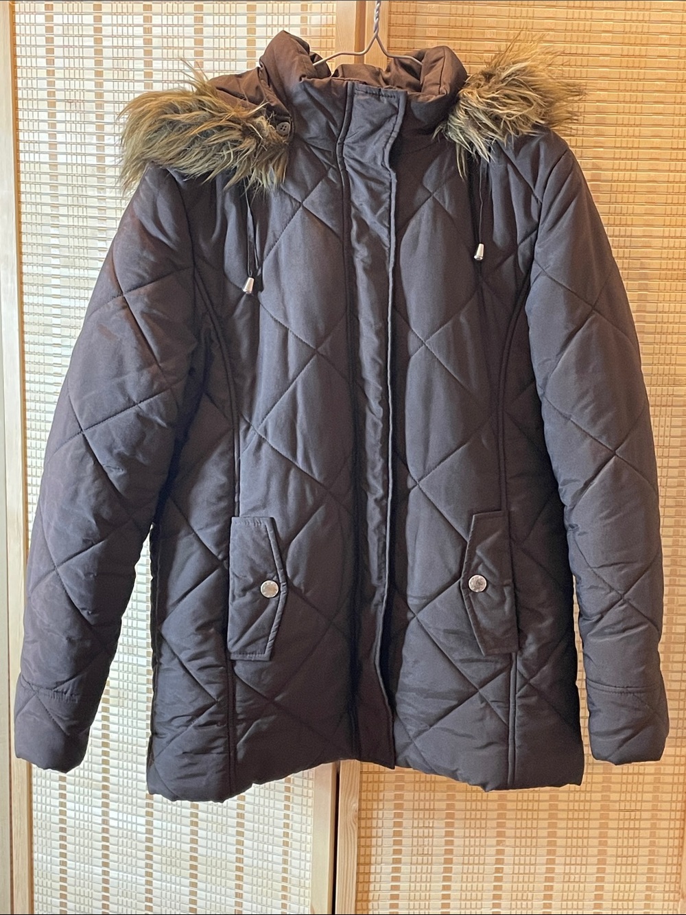 Tower by London Fog Quilted Hooded Parka Jacket with Fur Trim Brown Size Medium